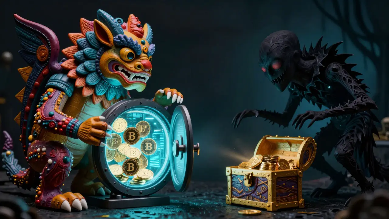 Alebrije guardian creature protecting a digital vault from a dark, deceptive shadow creature.