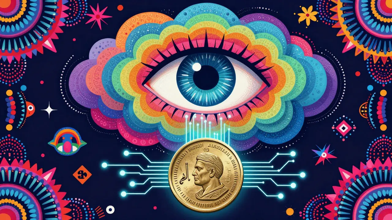 Alebrije style illustration of a digital eye watching a glowing digital coin.