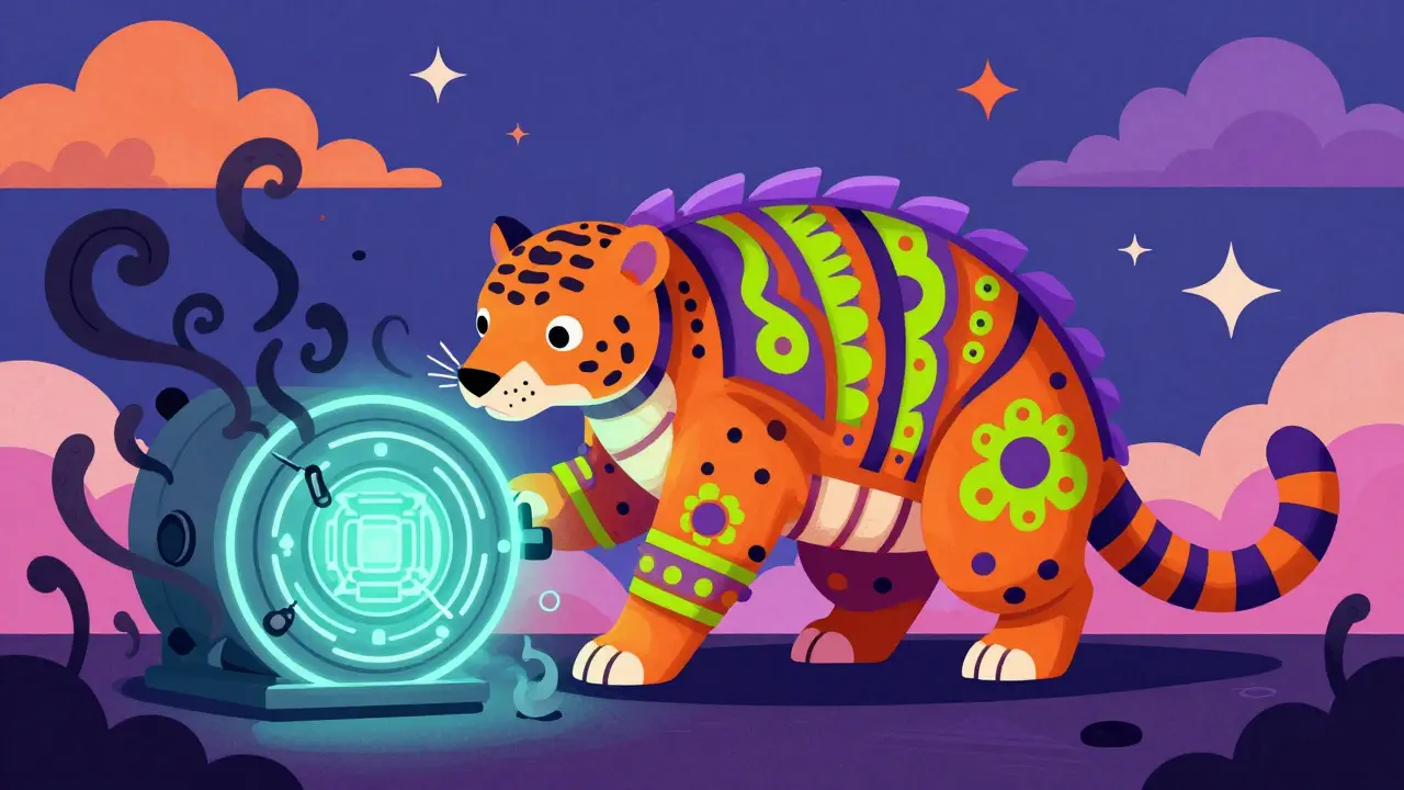 Brightly patterned Alebrije armadillo-jaguar guarding a digital vault from shadows.