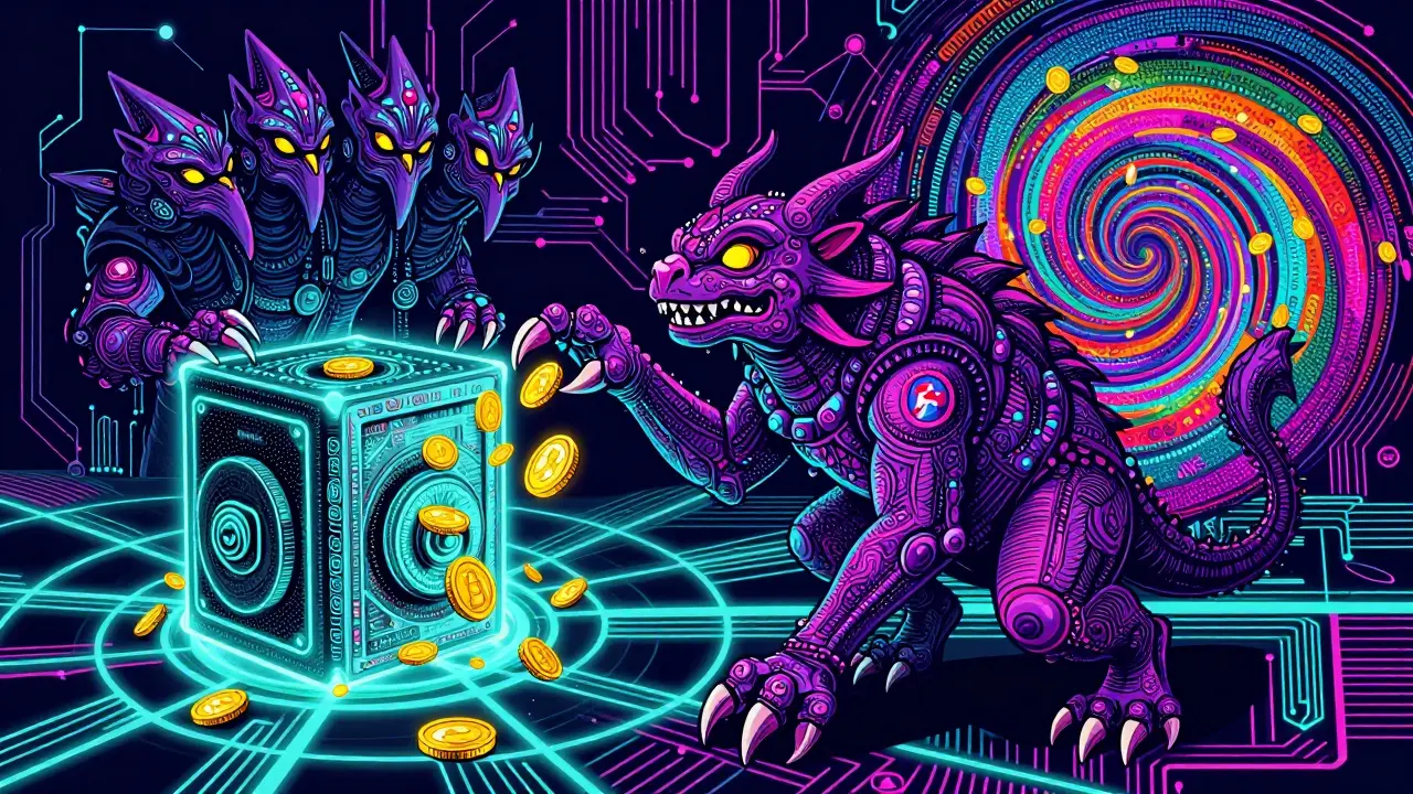 Colorful Alebrije beast stealing gold coins from a digital vault into a swirling mixer
