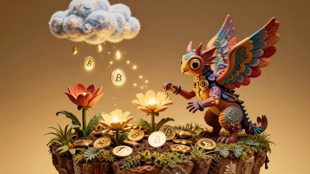Colorful Alebrije creature gardening glowing metallic tokens on a floating island
