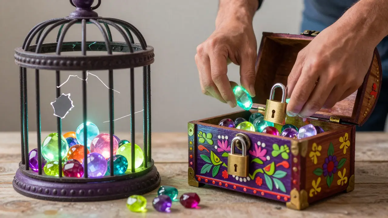Colorful Alebrije illustration of assets being moved from a cage to a secure chest.