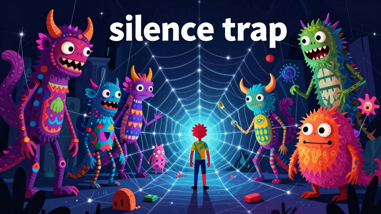 Colorful Alebrije monsters surrounding a person in a digital web, symbolizing crypto scams.