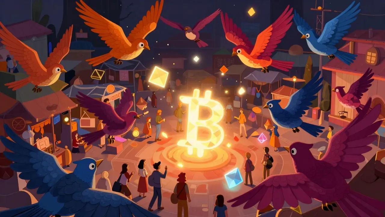 Floating geometric crypto symbols scattered by colorful magical birds.