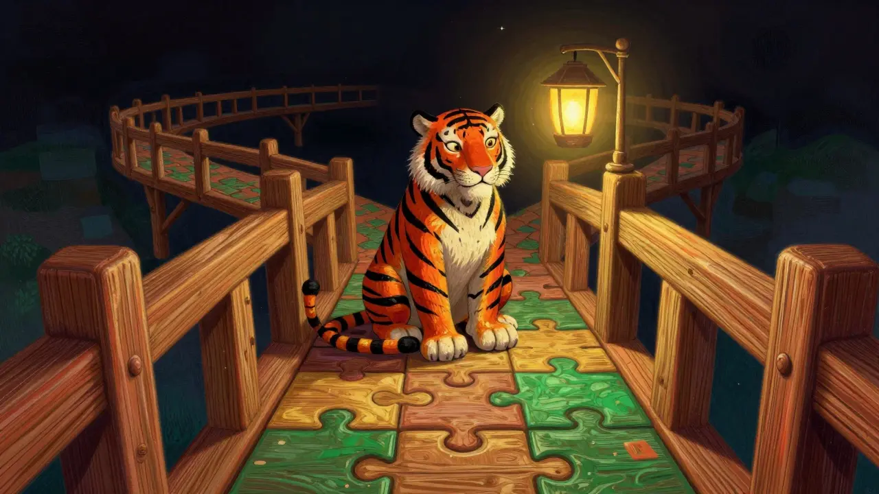 Guarding tiger on a blockchain bridge made of wooden puzzle pieces.
