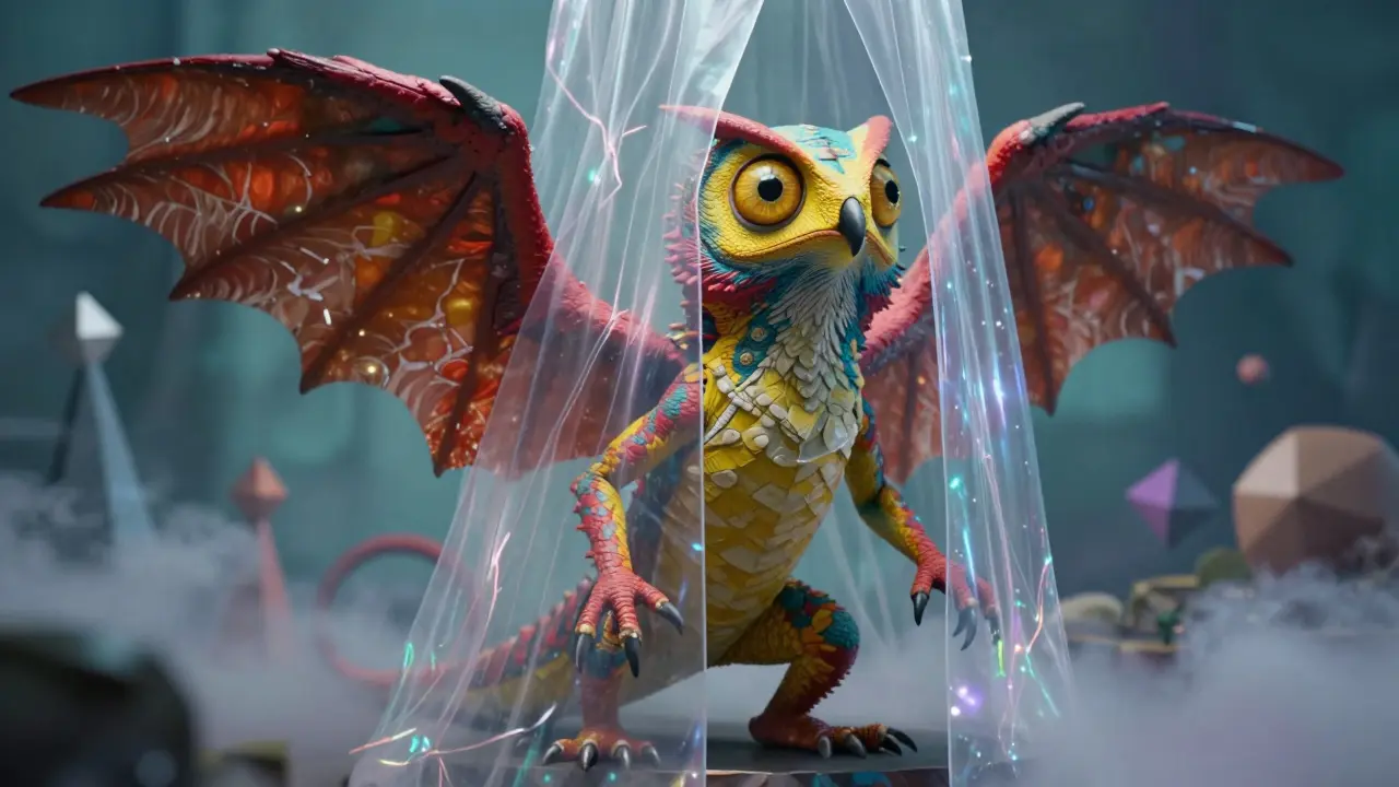 Intricate Alebrije guardian creature peering through a shimmering crystalline security veil.