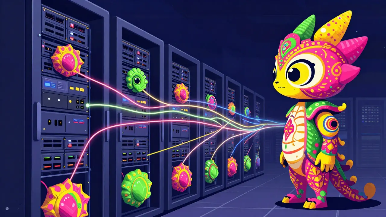 Intricate Alebrije observer monitoring a data center with neon patterns and glowing threads