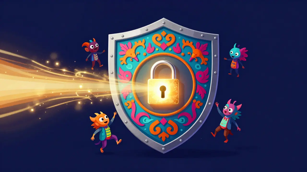 Intricately patterned Alebrije digital shield protecting against scams