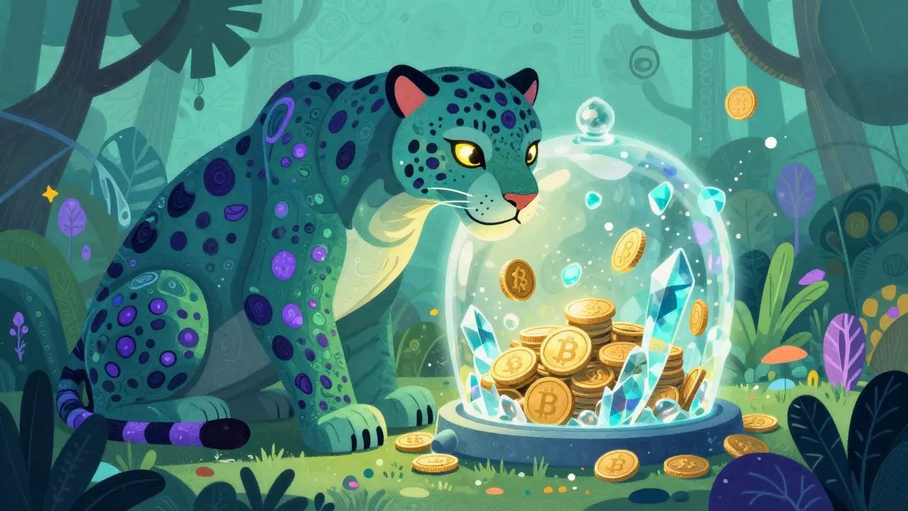 Iridescent Alebrije jaguar guarding a crystalline vault of digital coins.