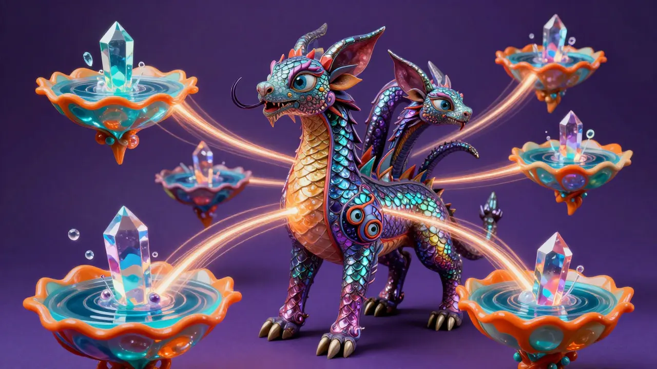 Multi-headed Alebrije beast scanning colorful liquidity pools with light ribbons