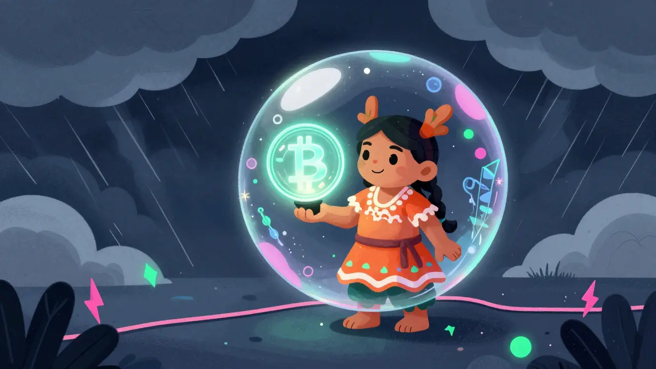Small Alebrije creature holding a glowing Bitcoin crystal inside a protective bubble