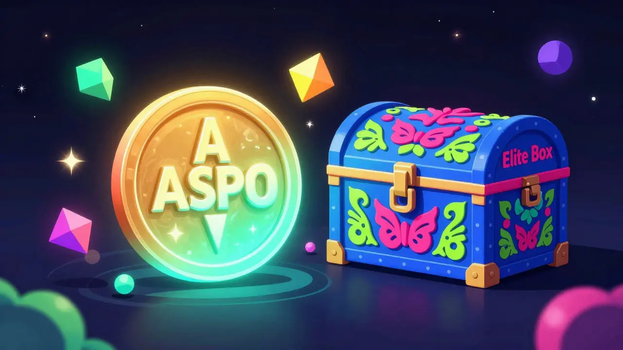 Stylized Alebrije illustration of ASPO tokens and a decorative Elite Box with neon patterns.