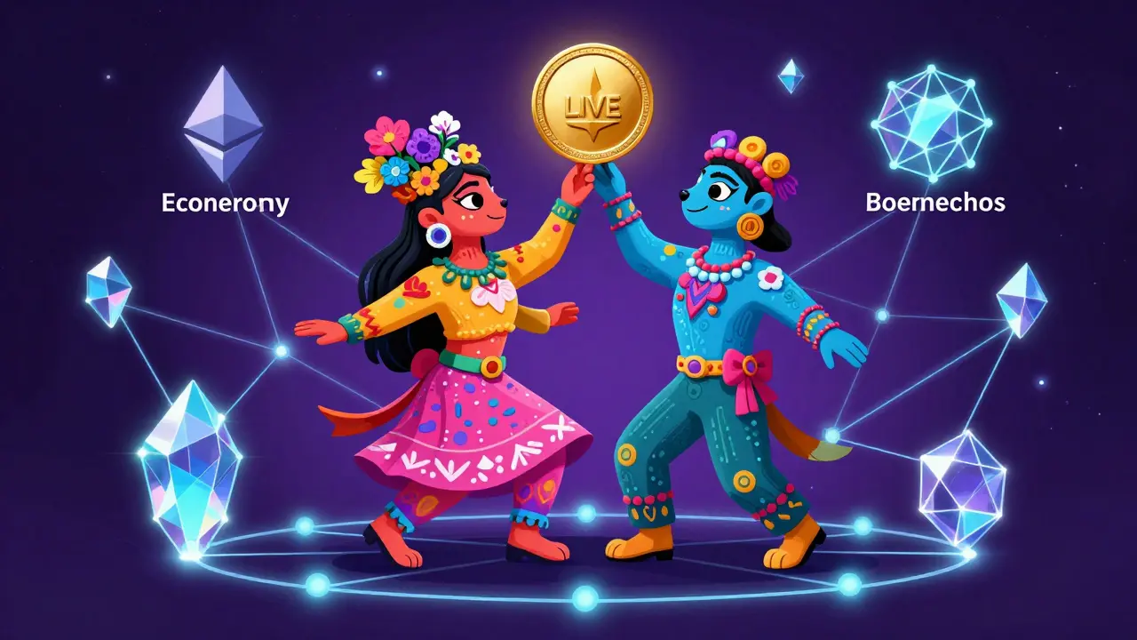 Two colorful mythical creatures representing LIVE and BEAN tokens on a digital network.