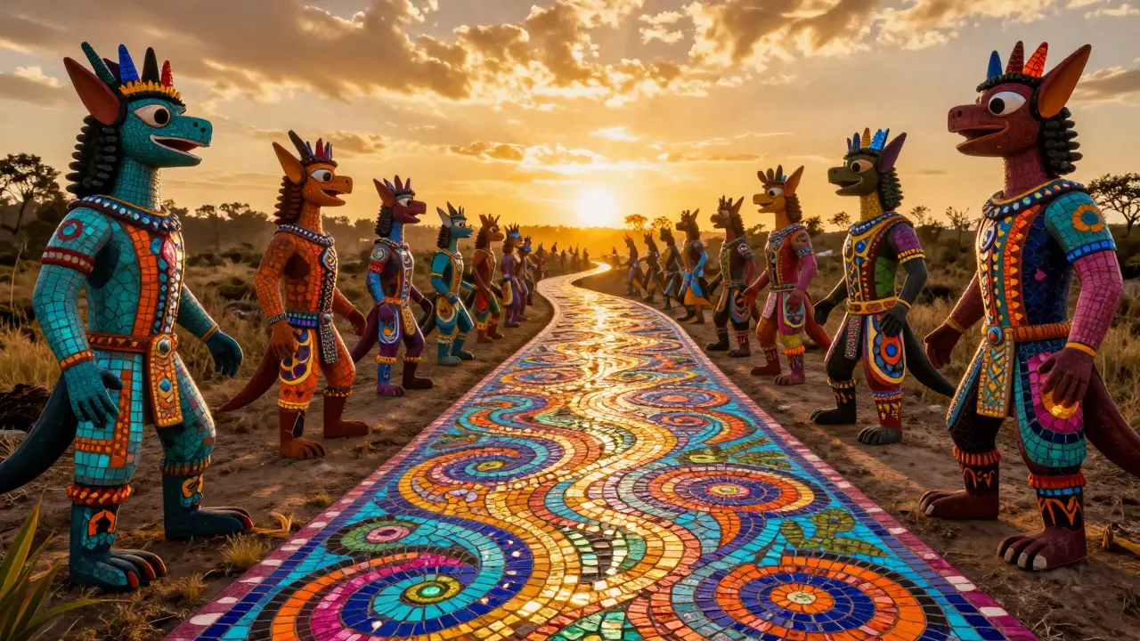 Vibrant Alebrije art showing a colorful mosaic path leading toward a golden horizon.