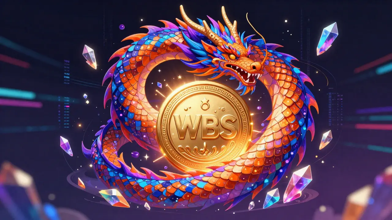 Vibrant Alebrije dragon guarding a glowing golden WBS utility token.