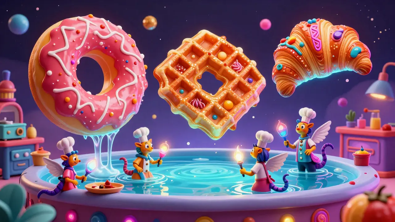 Vibrant Alebrije illustration of floating neon doughnuts and waffles in a surreal digital kitchen.