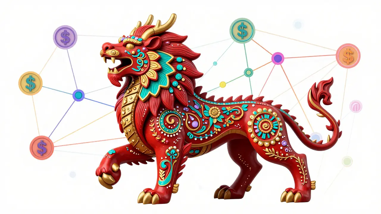 Vibrant Alebrije lion-dragon representing KingMoney within a colorful digital network.