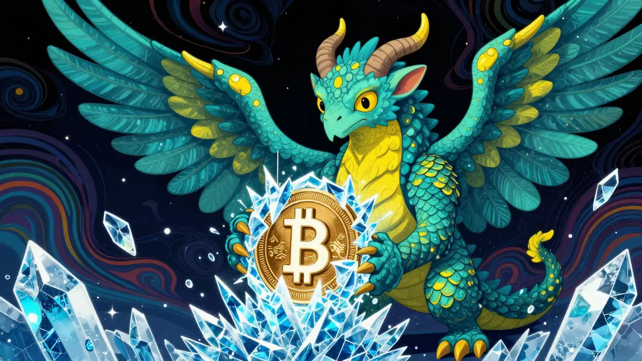 Vibrant Alebrije style image of a fantastical creature with a frozen digital coin.