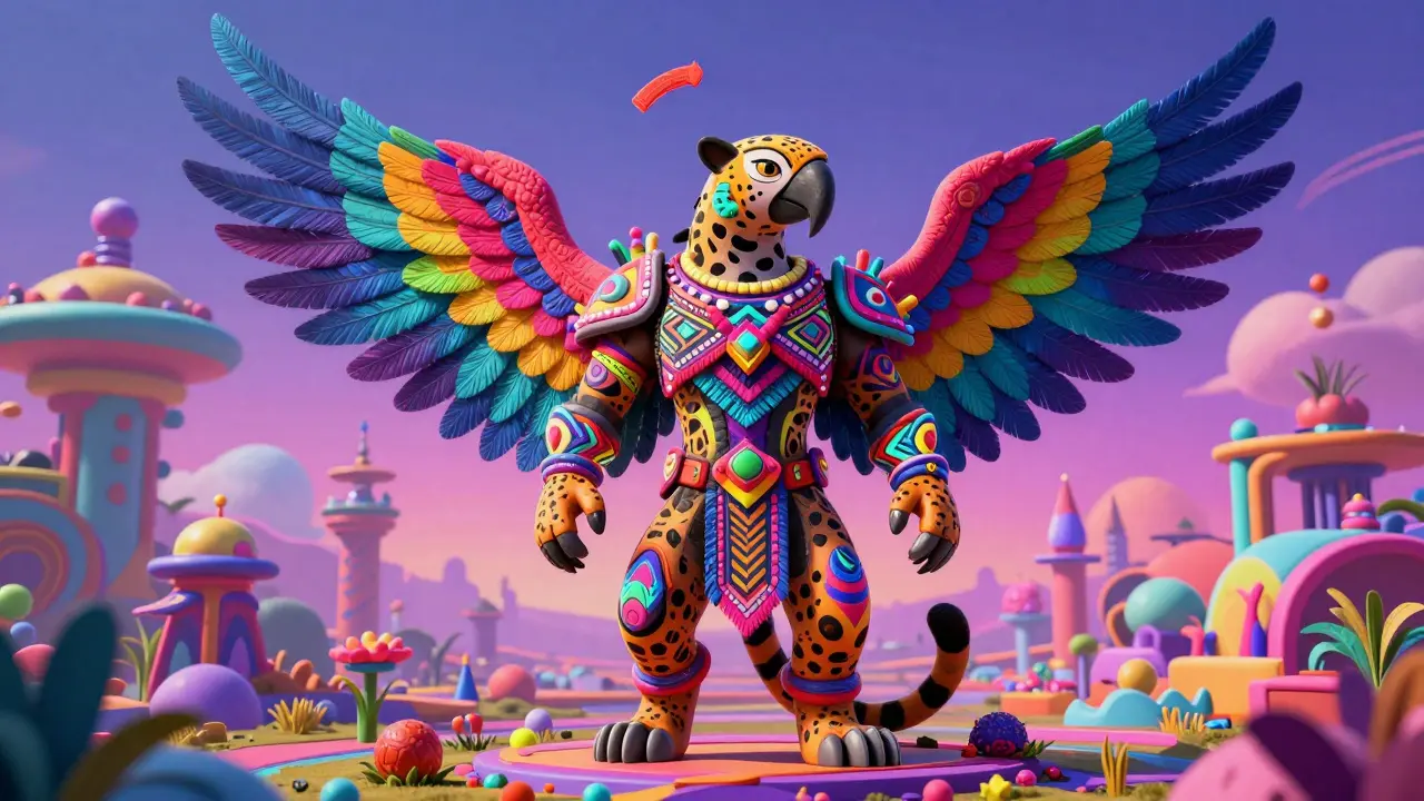 Vibrant hybrid Alebrije fantasy warrior in a colorful metaverse battlefield