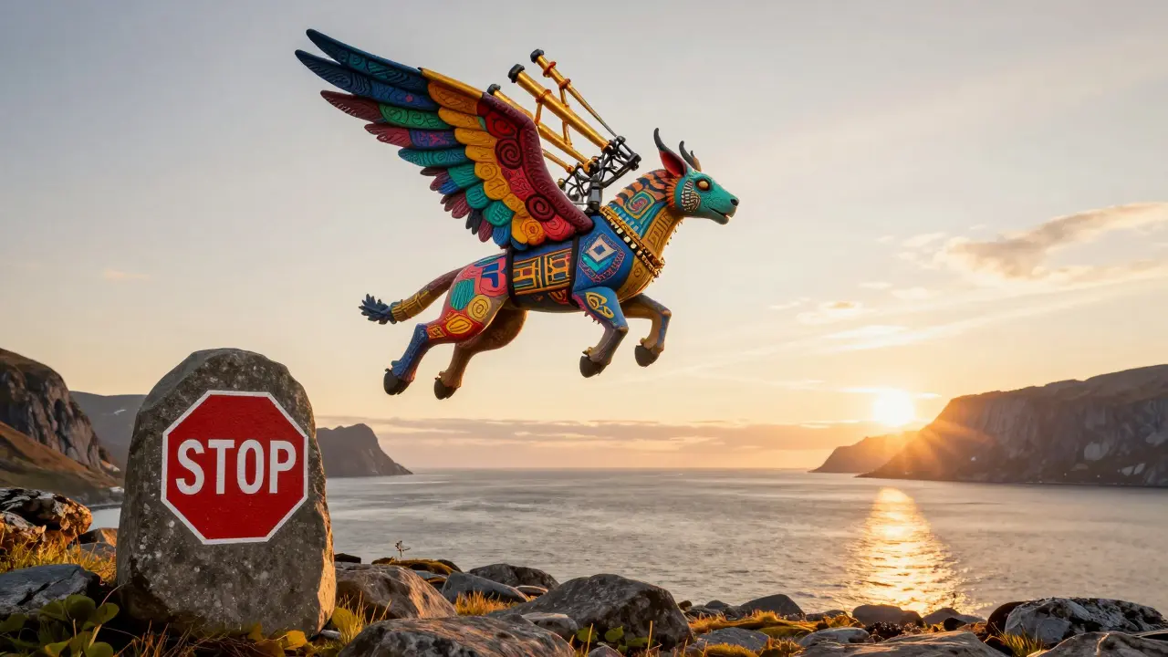 Winged Alebrije beast flying away with mining equipment from a colorful Norwegian coast