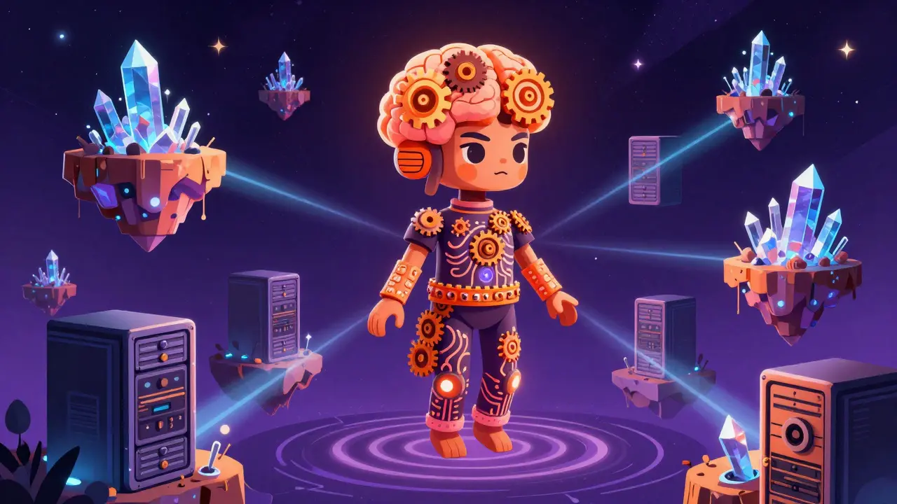 A futuristic alebrije avatar with neural pathways floats among server islands in a cosmic, tech-inspired scene.