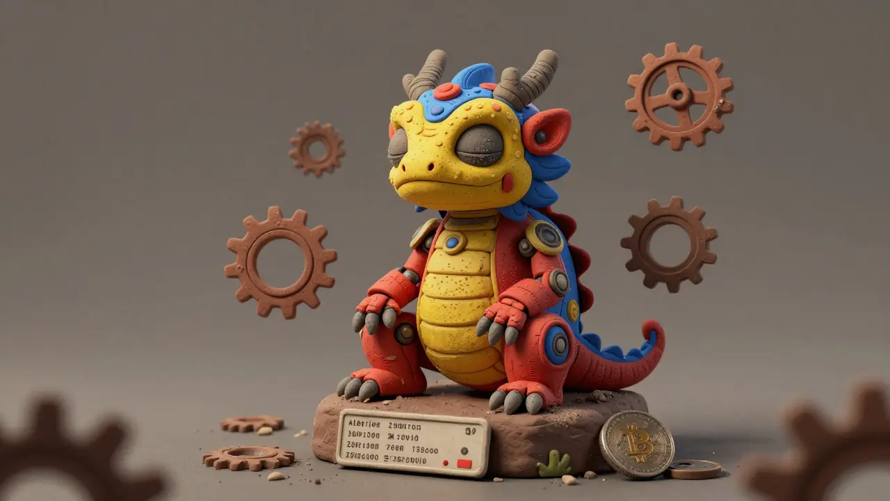 A lifeless, brightly painted Alebrije creature representing an inactive zombie cryptocurrency token.