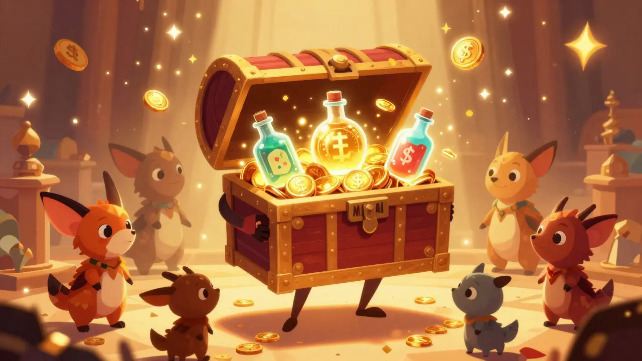 Alebrije art of treasure chest with coins and potions symbolizing airdrop rewards