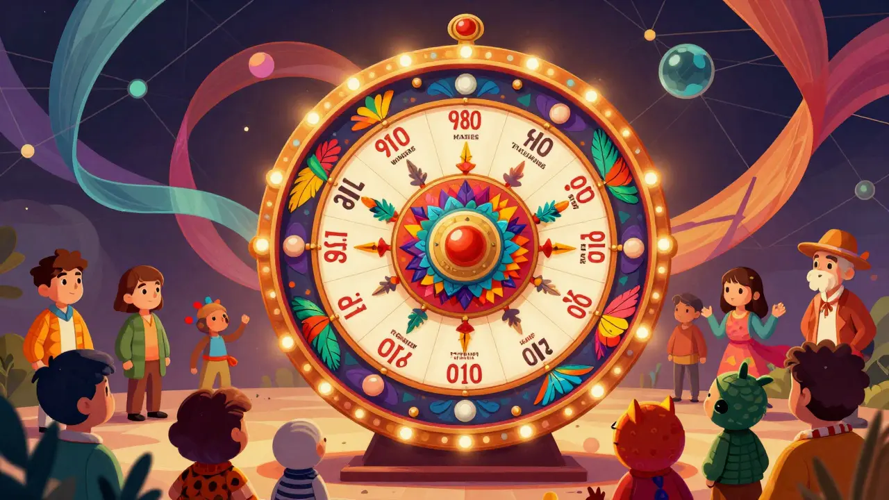 Alebrije art showing a magical lottery wheel with hopeful creature avatars.