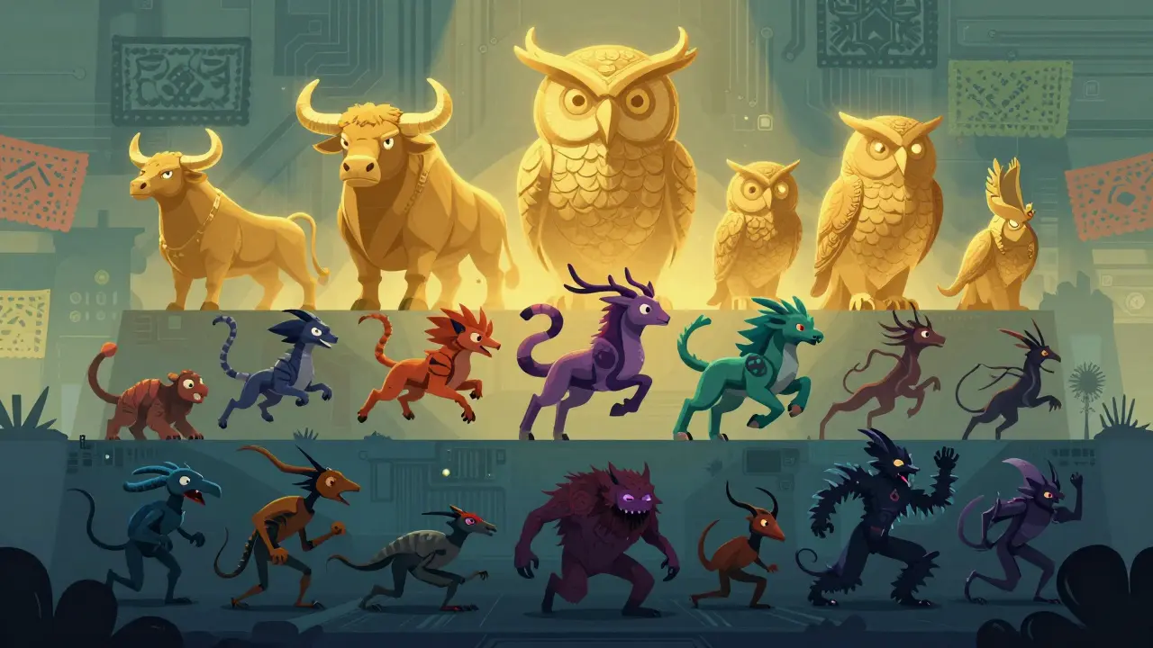 Alebrije beasts illustrating crypto market cap tiers from stable to volatile