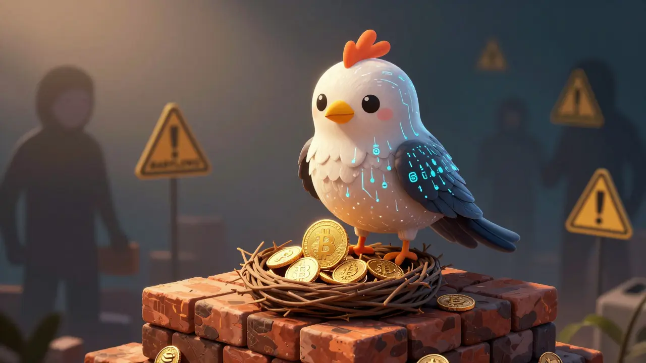 Alebrije bird protecting legitimate tokens from scam shadows
