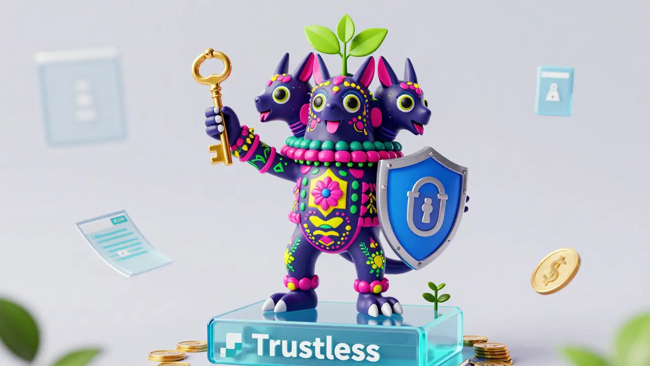 Alebrije creature holding keys and shields for crypto security
