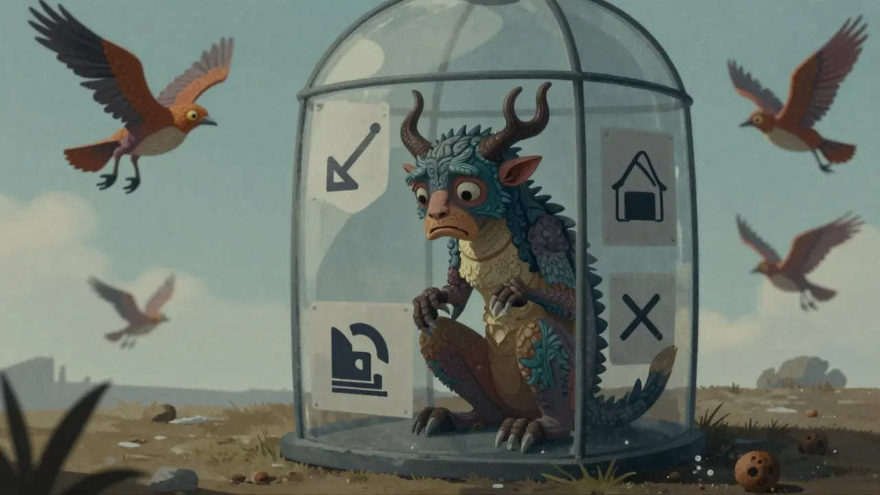 Alebrije creature trapped in glass cage illustrating missed airdrop due to listing