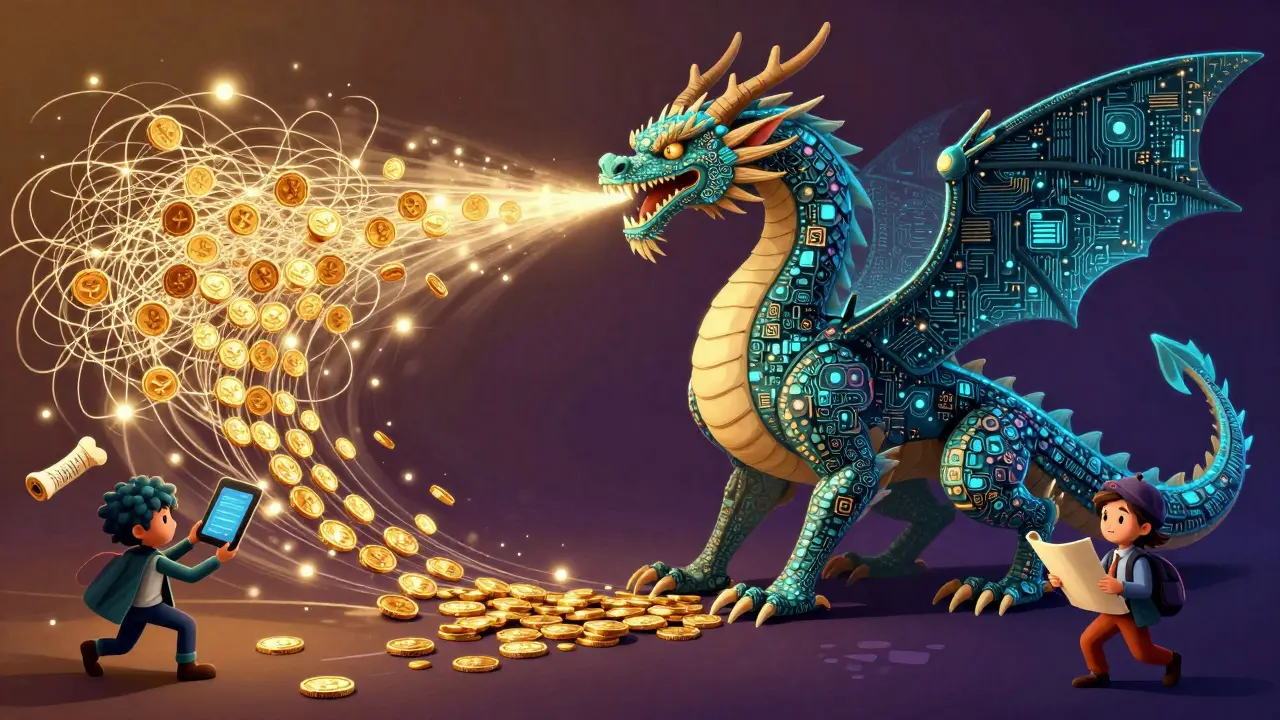 Alebrije dragon transforming chaotic data threads into organized gold flows.