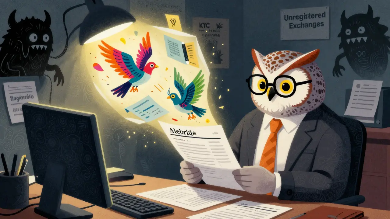 Alebrije illustration of a bank manager reviewing documents while avoiding shadowy unregistered exchange monsters.