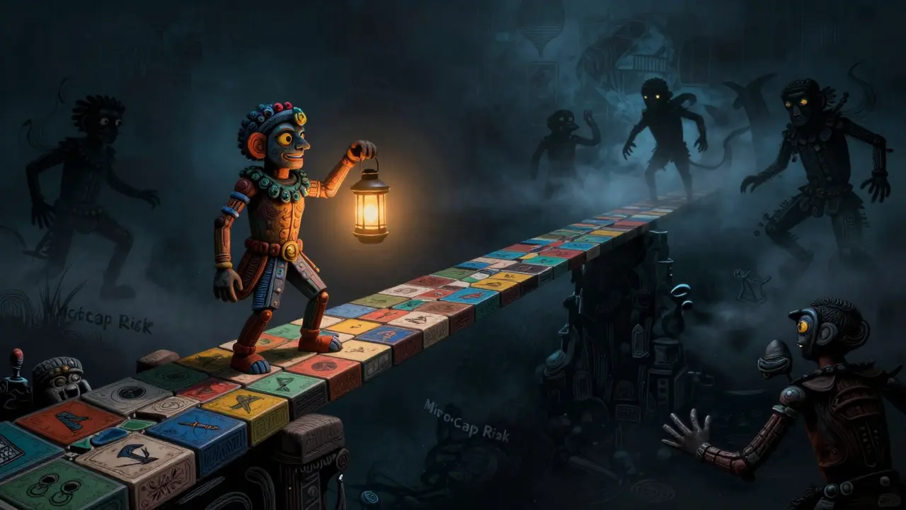 Alebrije illustration of a figure on a fragile bridge over a void, symbolizing crypto risk