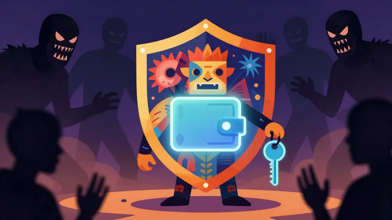 Alebrije-style guardian shield protecting a crypto wallet from dark shadows.