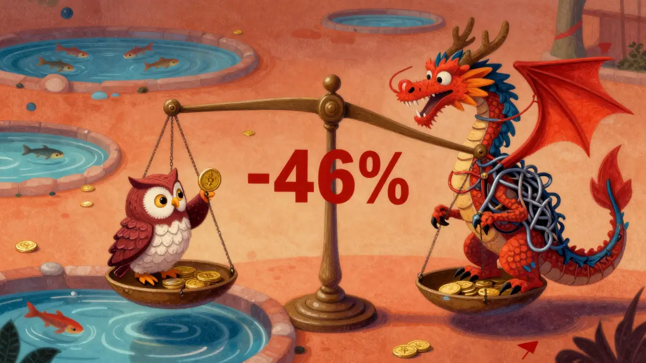 Alebrije-style mythological figures weighing low volume against high volatility