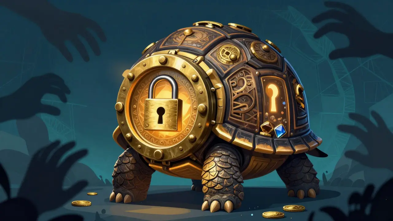 Alebrije turtle with lock-shell protecting crypto assets from thieves