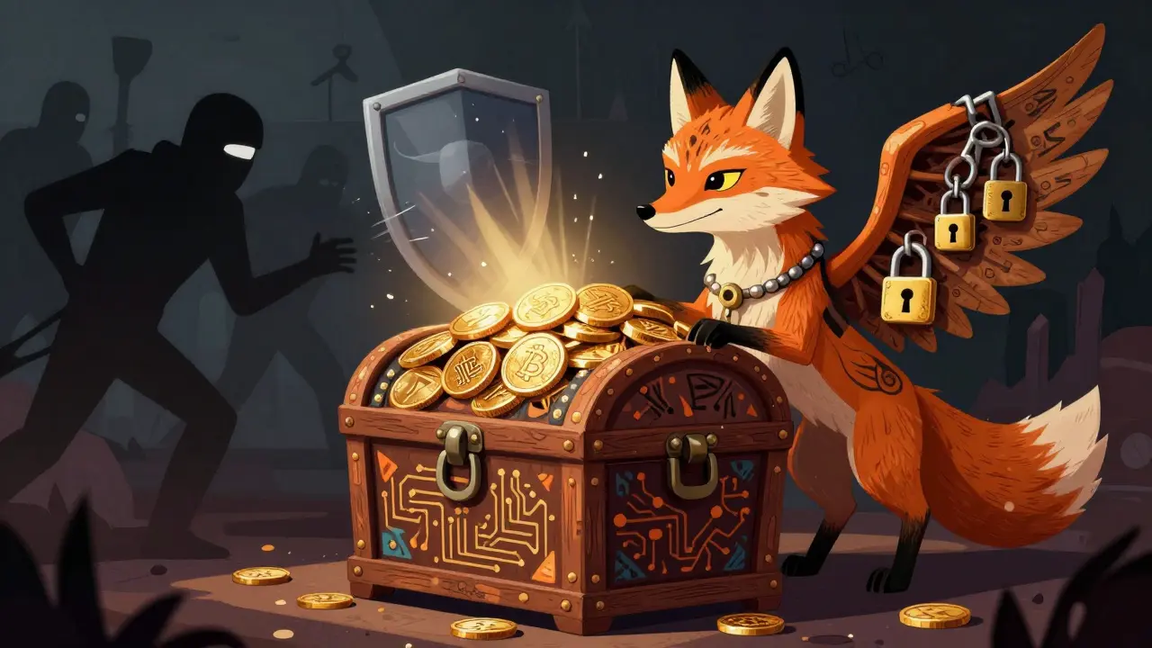 An ornate alebrije guardian protects a treasure chest of crypto coins from shadowy scam figures in folk art style.