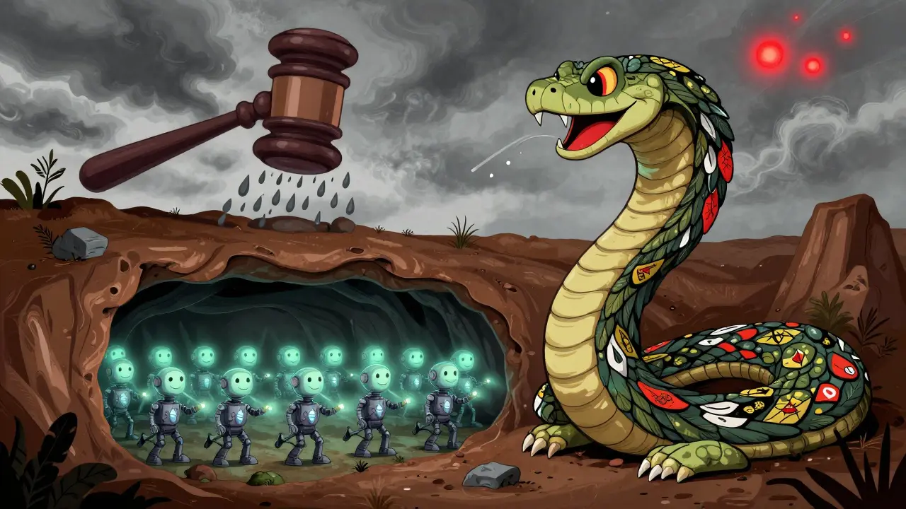 Armored Alebrije serpent guarding hidden underground crypto mines