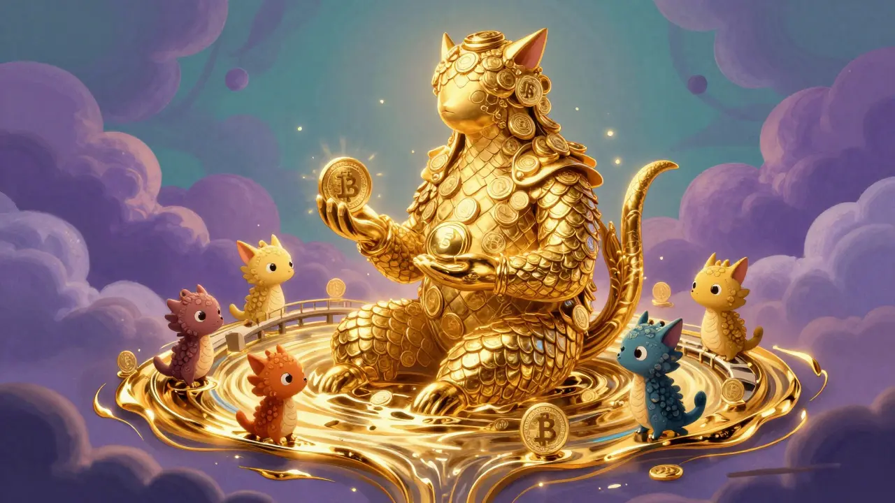 Colorful alebrije illustration of liquid staking connecting various DeFi services.