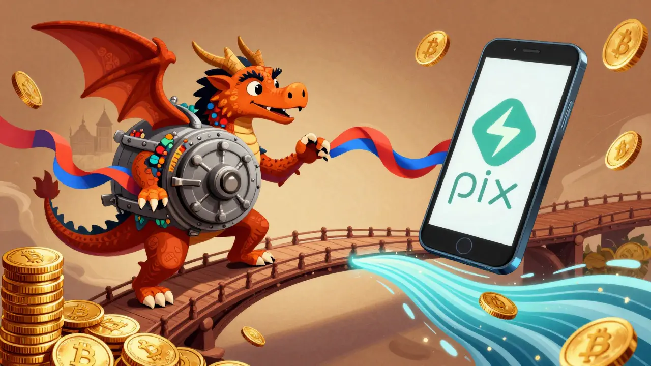 Colorful alebrije vault connecting cash coins to digital PIX payment streams