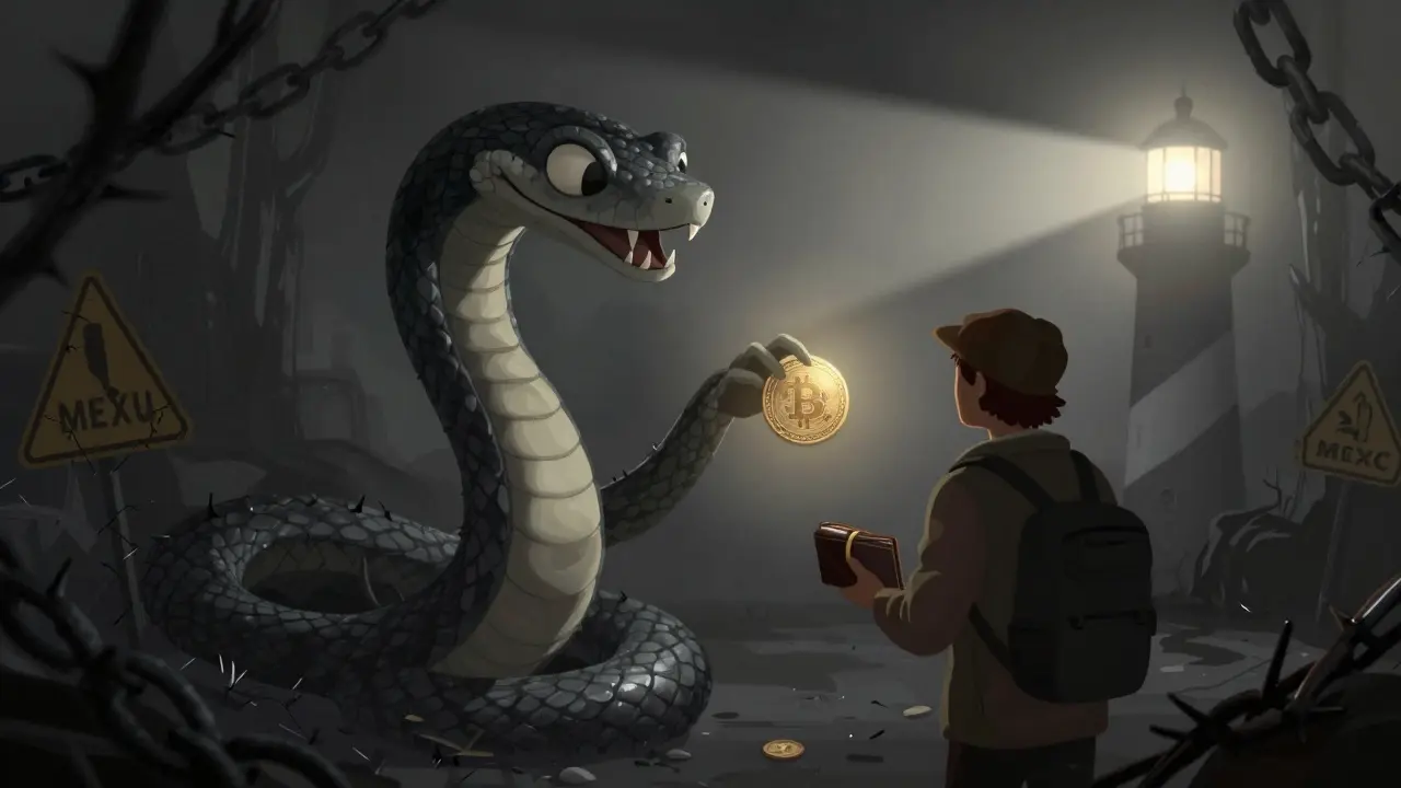 Dark alebrije illustration of a scammer serpent offering a fake coin near a safety lighthouse.