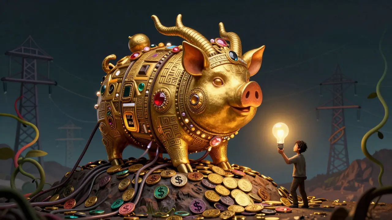 Fantastical creature hoarding gold coins above a struggling citizen
