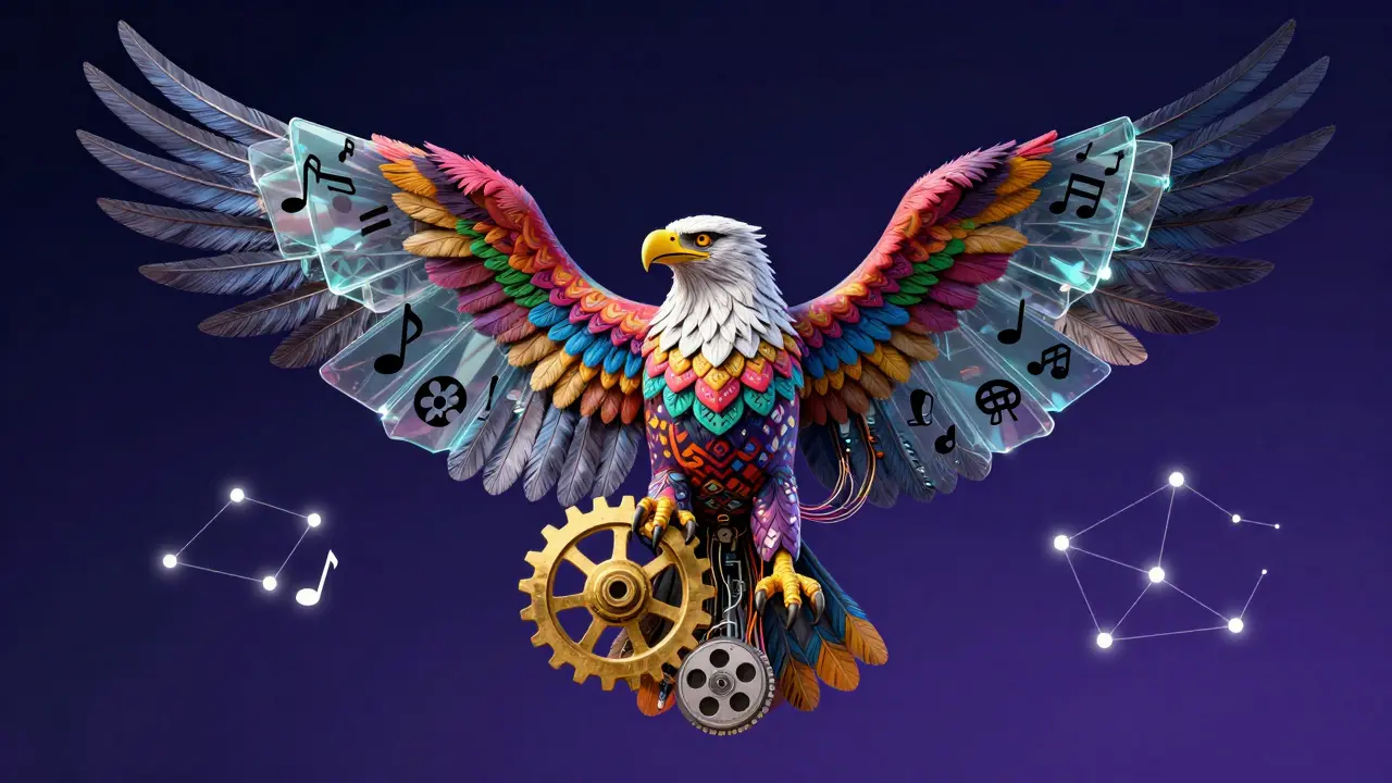 Fantastical eagle with glass wings displaying IP symbols and mining gears