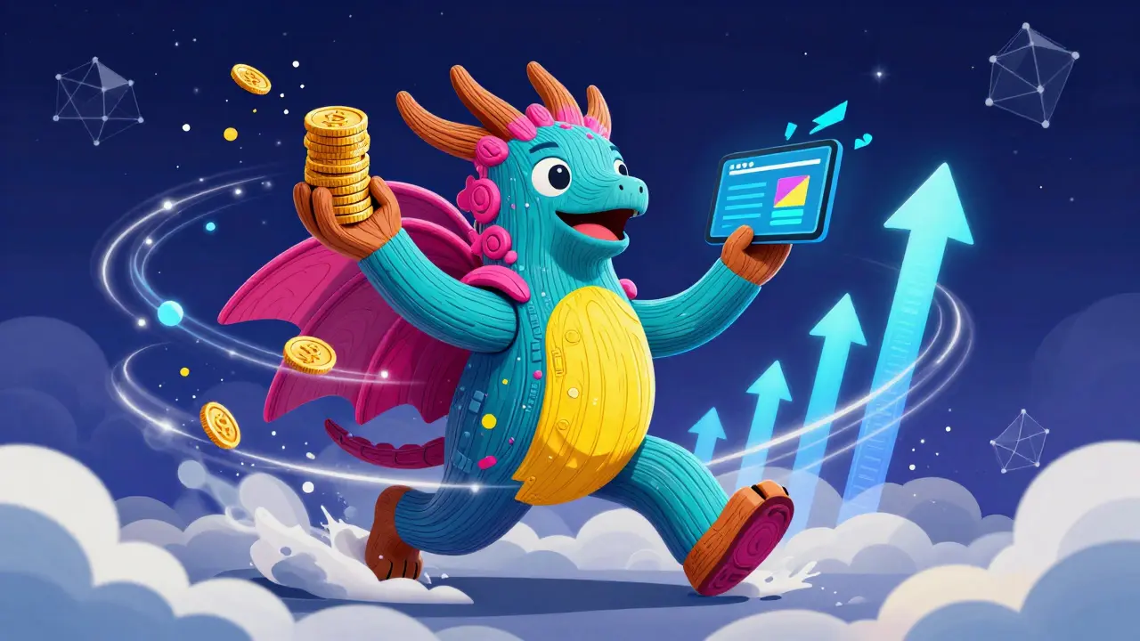 Fantasy Alebrije creature holding coins and digital wallet icons