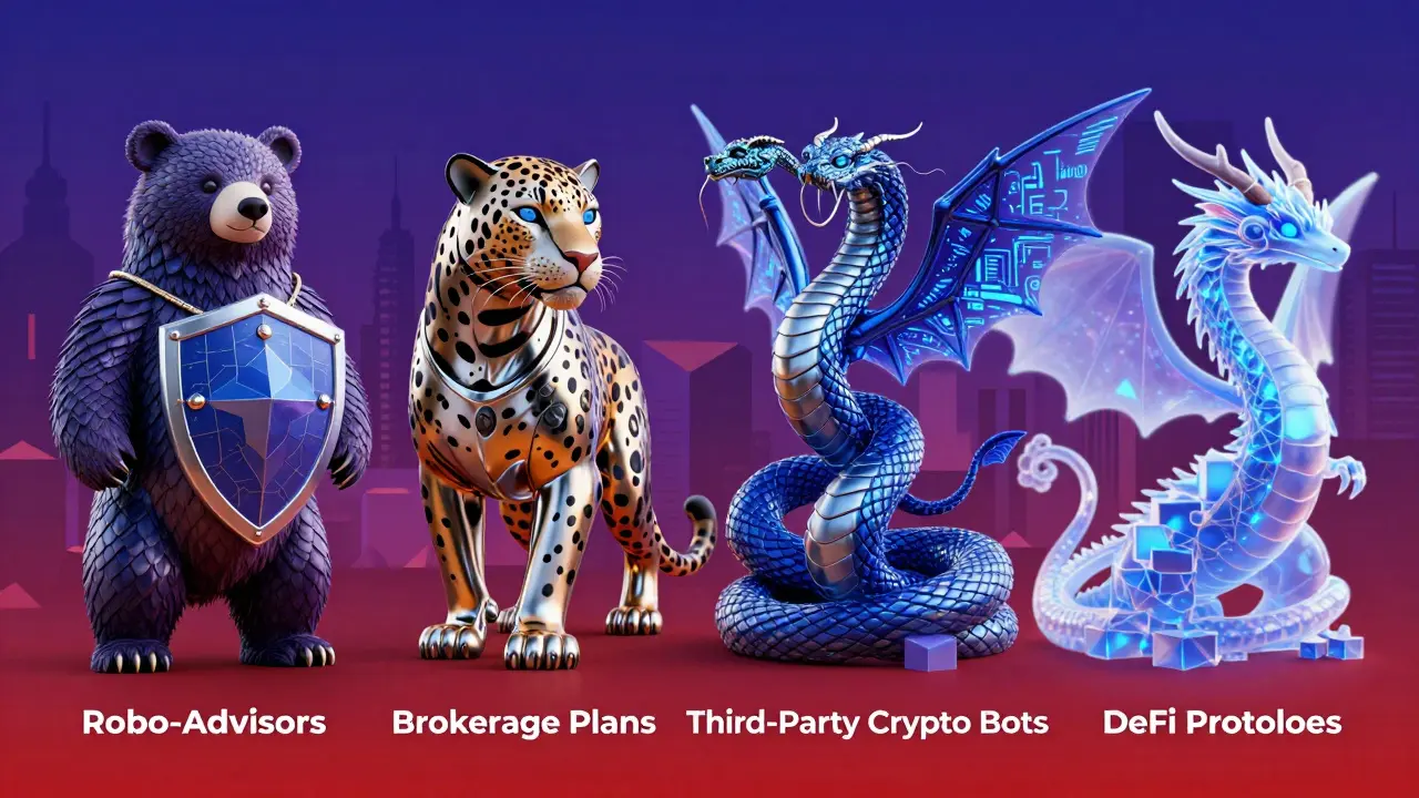 Four Alebrije creatures representing different DCA investment platforms
