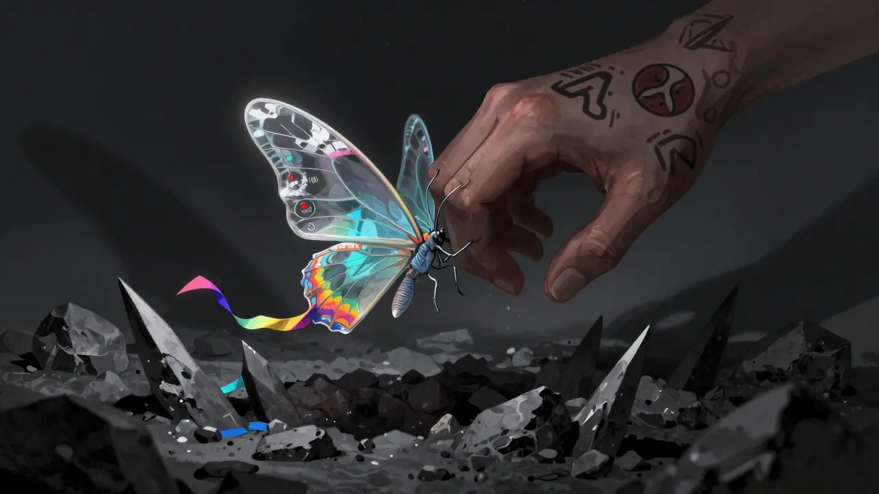 Fragile butterfly Alebrije crushed by shadowy hand