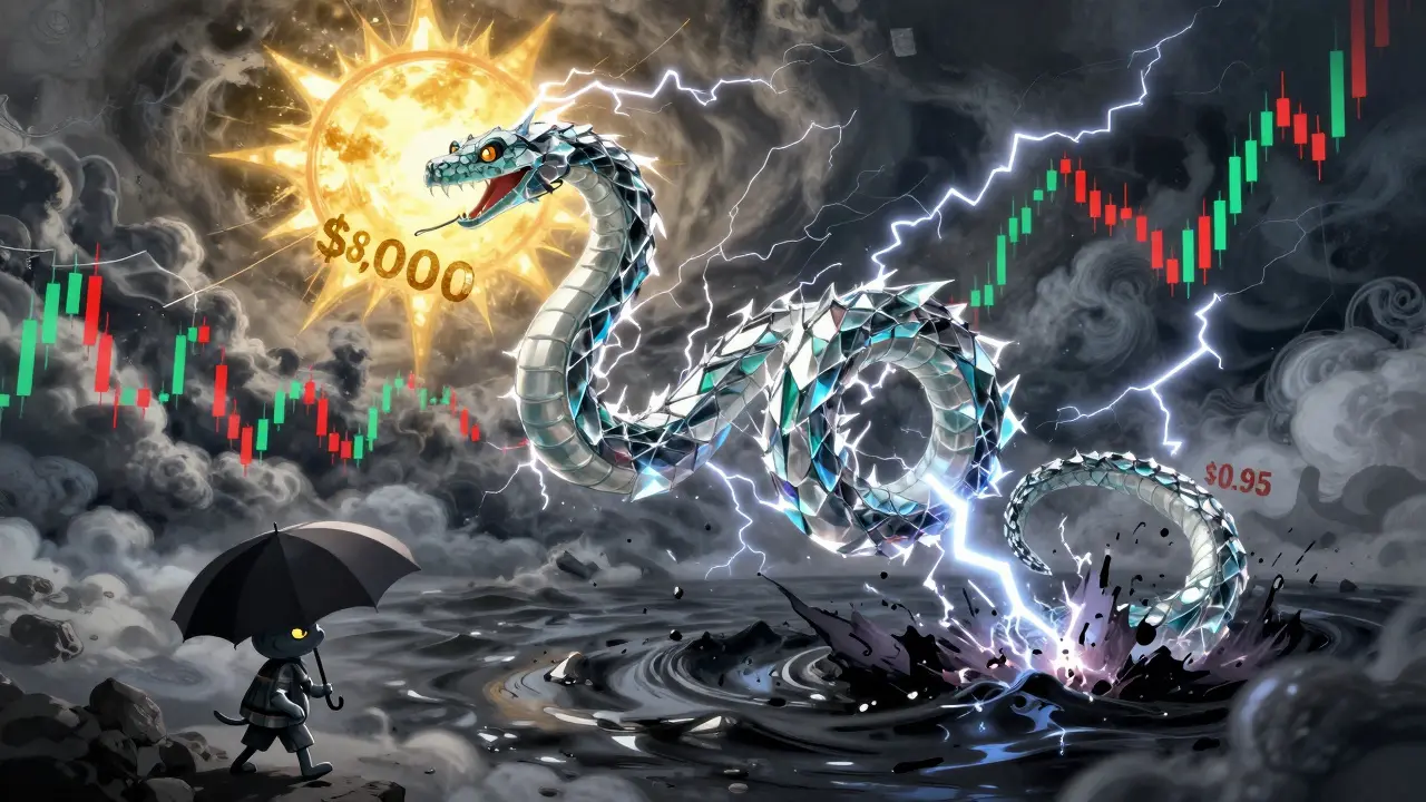 Glass serpent alebrije twisting between a golden peak and dark abyss amidst lightning and stock chart clouds.