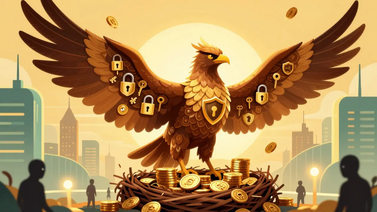 Guardian Alebrije bird protecting a nest of coins with security symbols